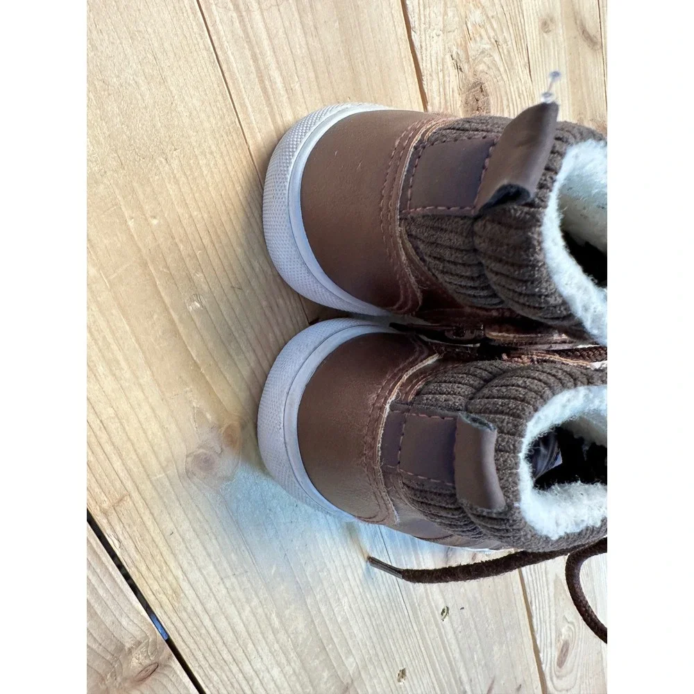 US Sports Kids Brown High Top Sneakers Faux Fur‎ Lined Side Zip Boots Size 13
